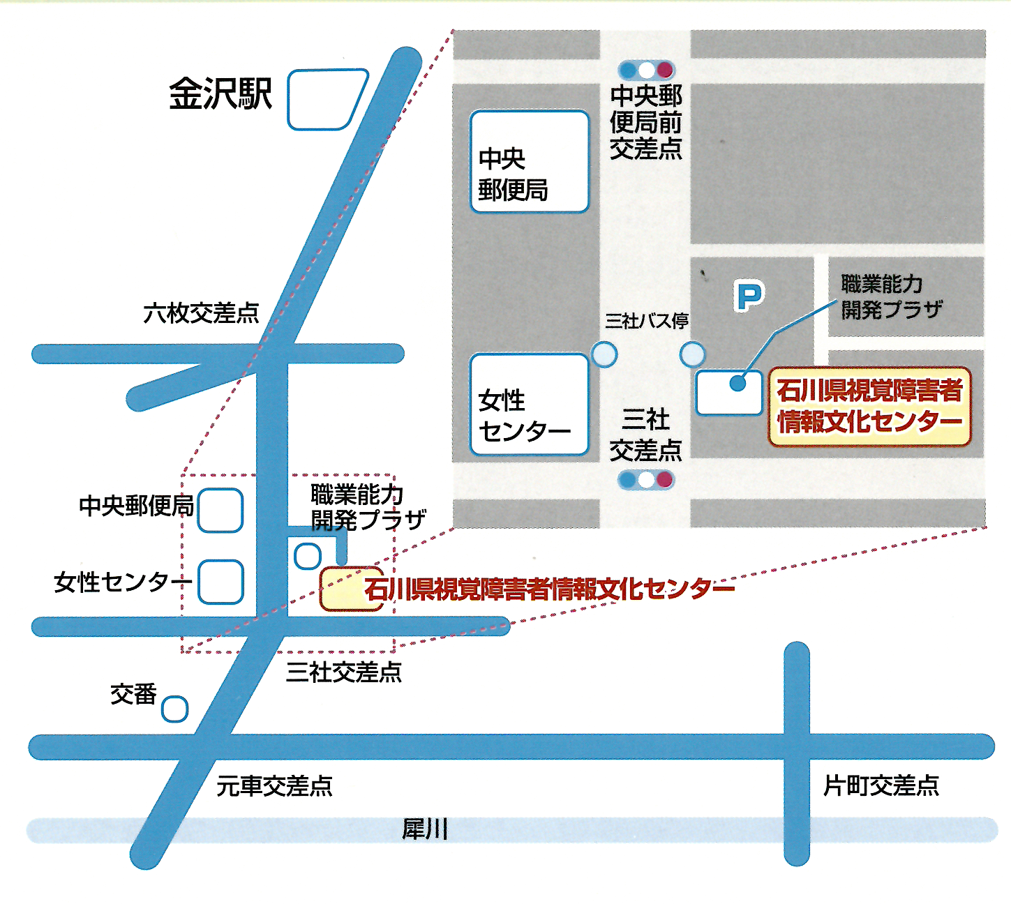 近隣マップ。当センターは三社交差点付近にあります。金沢駅より昭和大通りを進み六枚交差点を過ぎ、女性センター駐車場前で左折し、駐車場の外周沿いに向かった先にあります。女性センター様のご協力により、女性センター駐車場をご利用いただけます。近隣施設：職業能力開発プラザ（センター隣大通り側）、女性センター（昭和大通りを挟んで反対側）、中央郵便局（女性センター隣金沢駅側）