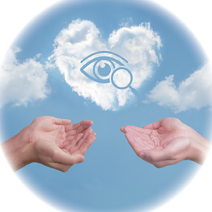 ビジョンケアネットポスター（青空の背景。雲がハートの形になっており、その中にはルーペを使っている目のイラスト。雲を両手ですくうように差し伸べるふたつの手）
